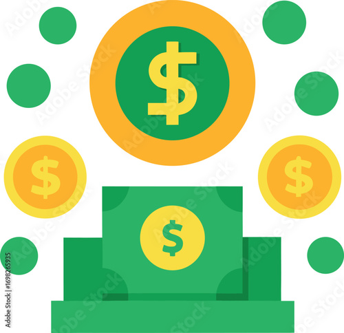 A vibrant flat design illustration depicting a stack of green dollar bills with a dollar sign in the center surrounded by golden coins and floating green circles representing currency