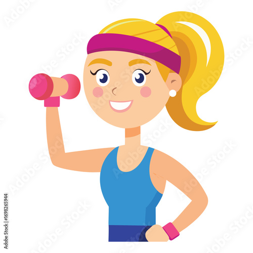 A cheerful cartoon blonde woman with a ponytail wearing a blue tank top and pink headband and wristbands lifting a pink dumbbell during a fitness workout