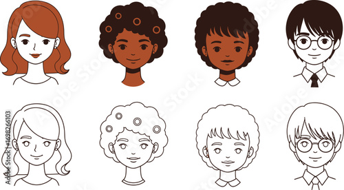 Diverse group of stylized cartoon portraits representing different people and ethnicities