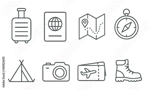 Travel icons featuring suitcase map compass tent camera passport airplane boots