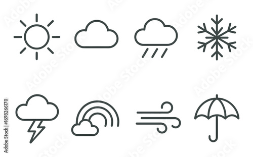 Weather icons: sun, cloud, rain, snow, lightning, rainbow, wind, umbrella