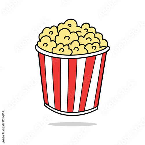 A hand drawn illustration of a classic red and white striped bucket overflowing with delicious fluffy popcorn perfect for movie night or cinema snacks