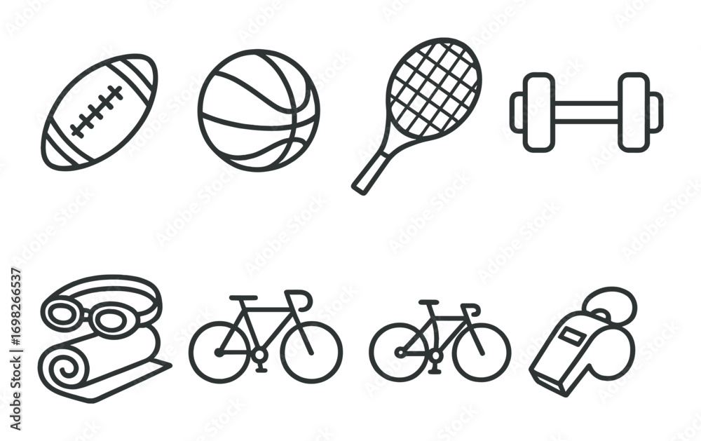 Fototapeta premium Icons of various sports equipment on dark gradient background