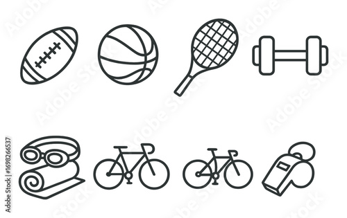 Icons of various sports equipment on dark gradient background