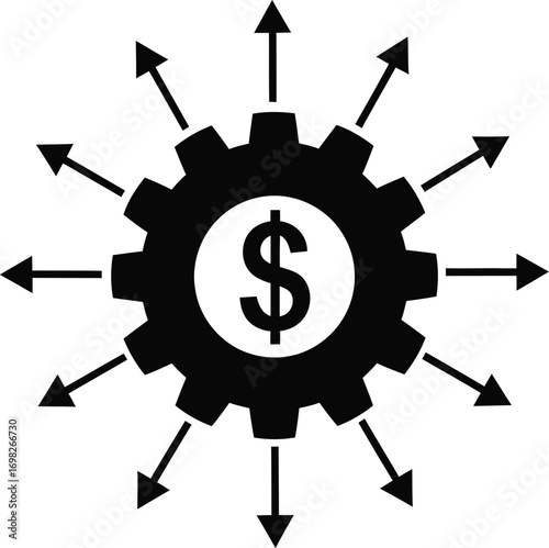 Abstract cogwheel with dollar symbol radiating growth and expansion opportunities.