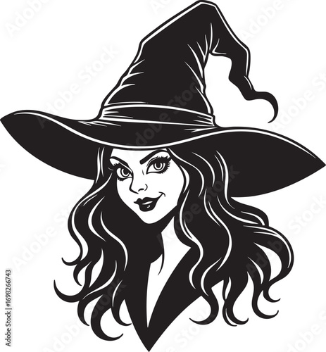 Black and white illustration of a witch with a large hat Keywords: witch, halloween, woman