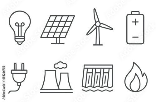 Renewable energy icons on metallic background featuring solar, wind, and hydroelectric symbols
