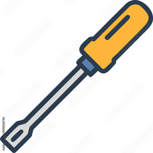 A simple flathead screwdriver with a bright yellow handle and silver shaft for repairs and diy projects