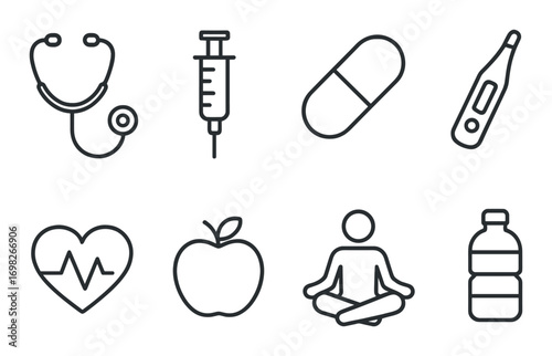 Healthcare symbols: stethoscope, syringe, medicine, thermometer, heartbeat, apple, yoga, water bottle