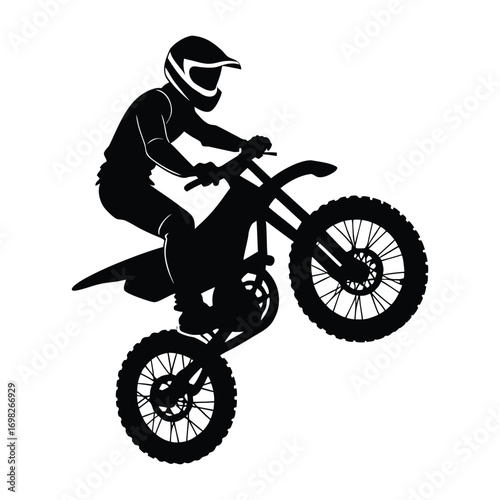Dynamic silhouette of a motocross rider performing a wheelie on a dirt bike against a white background capturing the thrill of extreme sports