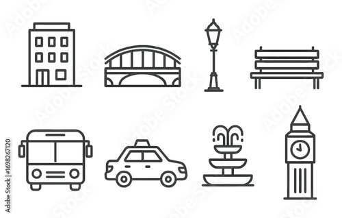 Urban icon set: buildings, transportation, and landmarks in monochrome design