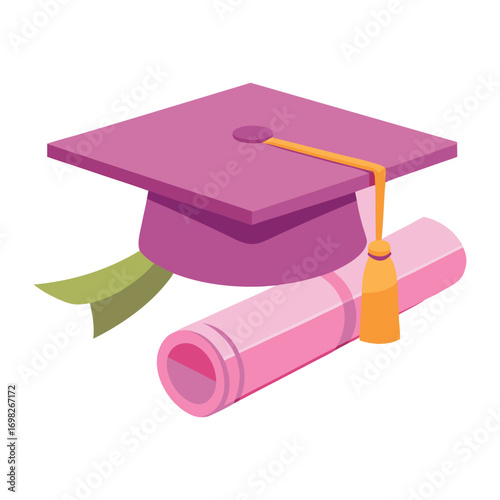 A pink graduation cap with a gold tassel and a rolled up diploma tied with a green ribbon symbolizing academic achievement and educational success