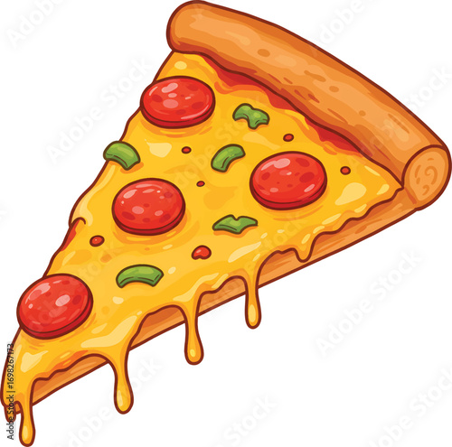 Vector Illustration Delicious Pizza Slice with Pepperoni and Green Peppers