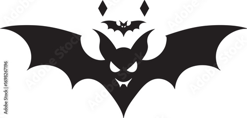 Black bat silhouettes with glowing eyes and fangs flying