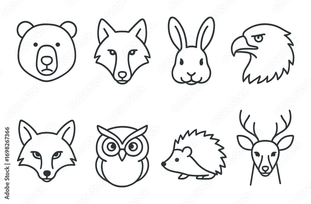 Fototapeta premium Stylized animal face icons: bear, fox, rabbit, eagle, owl, hedgehog, deer