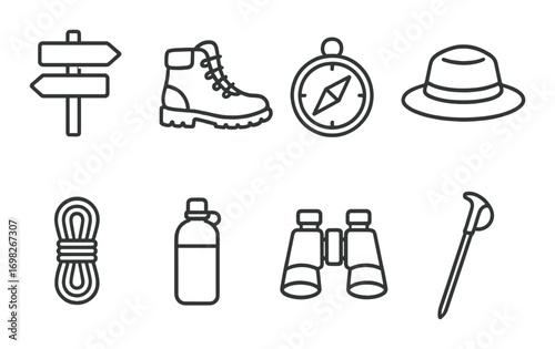Adventure icons: compass, hiking boots, binoculars, hat, rope, water bottle, signpost, hiking pole