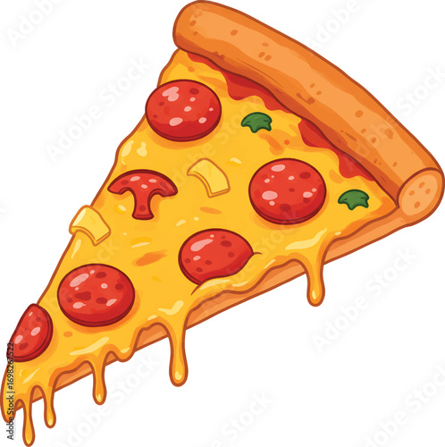 Vector Illustration Delicious Pizza Slice with Pepperoni, Cheese, and Mushrooms
