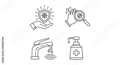 Vector illustration of hygiene and virus protection icons including shield, hand wash, faucet, and sanitizer