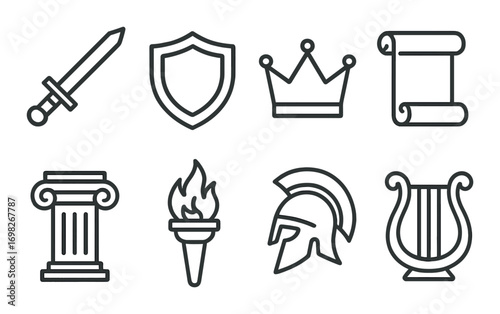 Ancient greek icons: sword, shield, crown, scroll, column, torch, helmet, lyre