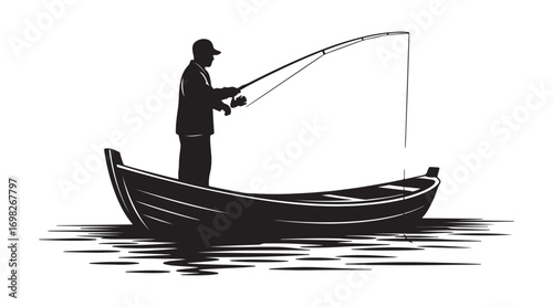 A fisherman in a boat, silhouetted on a white canvas
