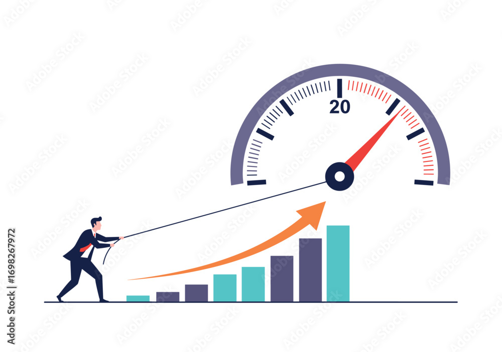 Fototapeta premium Business professional pulling upward growth chart towards performance gauge speedometer concept