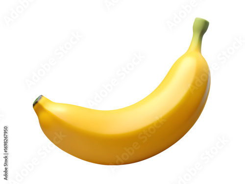 3d illustration of a single ripe yellow banana with a green stem, isolated on a transparent background, representing healthy eating and natural fruit