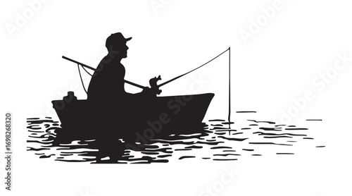 A fisherman’s silhouette in a boat. This is a black and white vector illustration showing a man fishing in a boat. on white