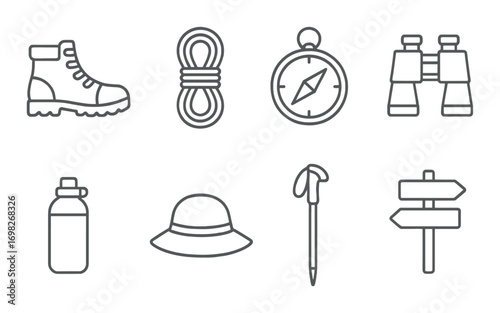 Essential camping gear icons: boot, rope, compass, binoculars, bottle, hat, hiking pole, signpost