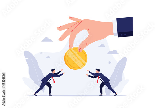 A giant hand offers a golden coin to two businessmen in a tug of war competition over wealth