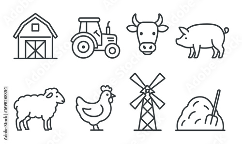 Outline icons of farm equipment and animals: barn, tractor, cow, pig, sheep, chicken, windmill, haystack