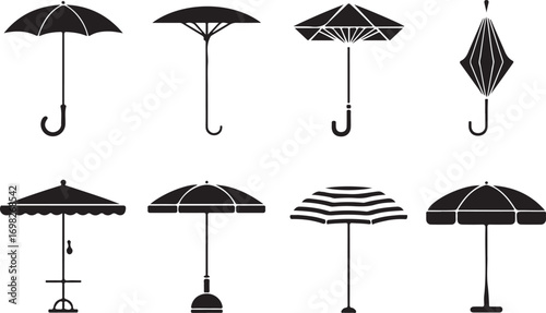 Collection of Black Umbrella Icons on Transparent Background Representing Diverse Shapes and Styles