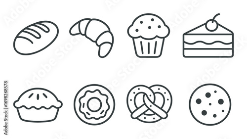 Outline of eight bakery icons: bread, croissant, muffin, cake, pie, donut, pretzel, cookie