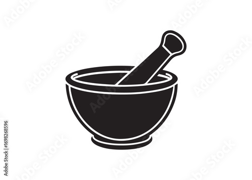 Mortar and pestle black silhouette vector illustration isolated on white background.