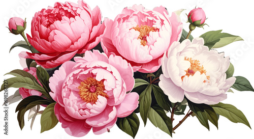 Decorative peony floral composition. Soft pastel peony painting. Blooming peonies vintage style. Classic watercolor flower bouquet. Pink and white peony bouquet art. Elegant watercolor floral design