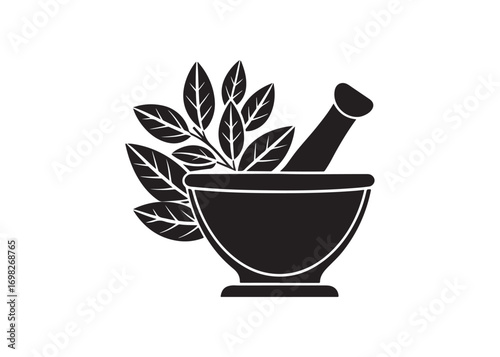 Herbal medicine mortar and pestle with leaf silhouette vector symbol.