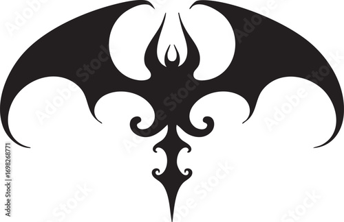 Black tribal bat silhouette with ornate wings Keywords: bat, silhouette, tribal, ornate, wings
