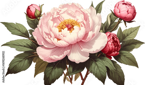 Pink peony flower bouquet art. Elegant blooming peony illustration. Hand drawn peony floral design. Romantic peony blossom painting. Decorative pink peony artwork