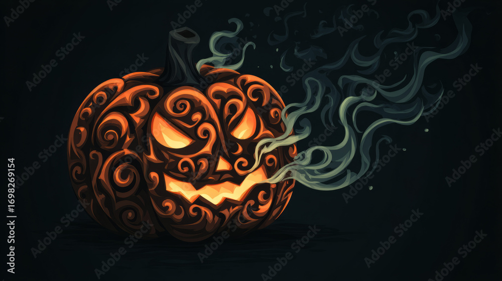 Fototapeta premium Sinister Glowing Jack-O'-Lantern in Smoke