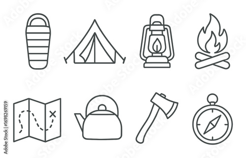 Camping essentials icons: sleeping bag, tent, lantern, campfire, map, kettle, axe, compass