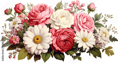 Hand-painted romantic flowers. Soft romantic flower composition. Pink peonies, roses artwork. Vintage floral decoration design. Elegant hand-drawn flower bouquet. Romantic garden floral illustration