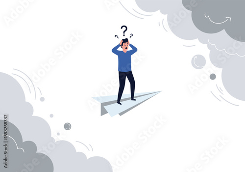 Frustrated man confused while flying a paper airplane through clouds facing uncertainty