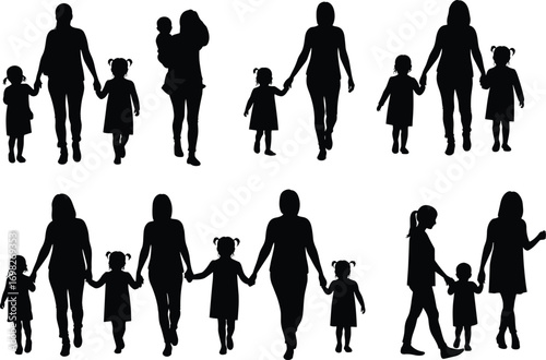 Mother and daughter silhouettes walking, family love illustration, mom with kids vector, parent-child relationship, motherhood, black figure artwork