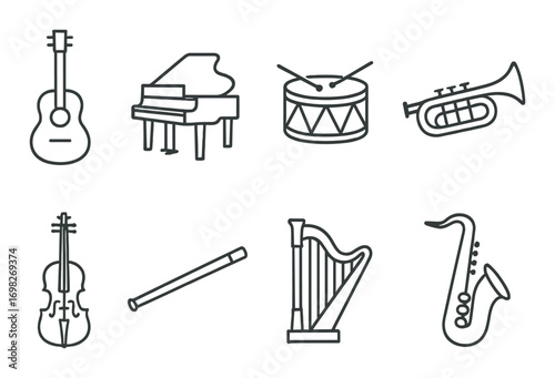 Silhouettes of musical instruments: guitar, piano, drum, trumpet, violin, flute, harp, saxophone