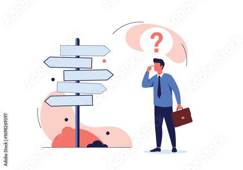 Business man standing at crossroads making difficult decision with signposts pointing in different directions
