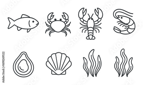 Seafood and marine icons: fish, crab, lobster, shrimp, oyster, seashell, seaweed illustrations