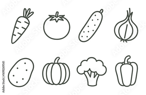 Set of vegetable icons on textured background featuring carrot, tomato, cucumber, onion, potato, pumpkin, broccoli, and bell pepper