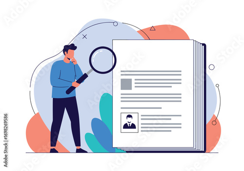 An employee carefully reviews a document using a magnifying glass with a book and abstract shapes in the background