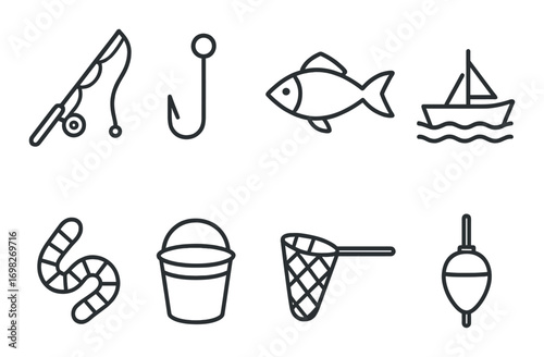 Set of fishing icons: rod, hook, fish, boat, worm, bucket, net, bobber