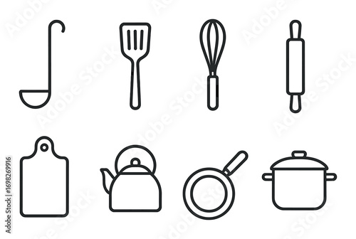 Kitchen utensil icons set on dark background