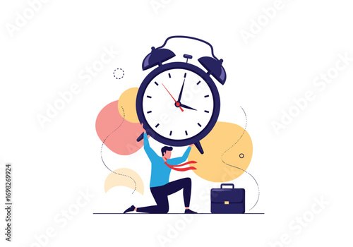 Person struggling to hold up a giant alarm clock demonstrating the pressure of time management